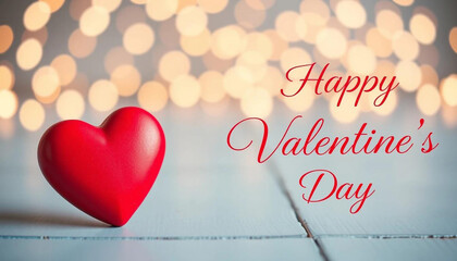 Poster - A red heart-shaped placed on a light blue wooden surface, The text 'Happy Valentine's Day' is written in red color, Valentine's Day, Happy Valentine's Day, and Happy Valentine's Day Images.
