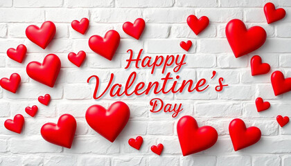 Poster - A Valentine's Day greeting card featuring red hearts with polka dots and floral designs, surrounded by red and white flowers and leaves, with 'Happy Valentine's Day' text in the center.
