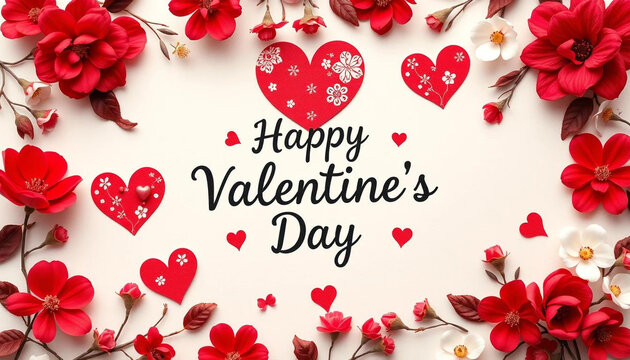 A Valentine's Day greeting card featuring red hearts with polka dots and floral designs, surrounded by red and white flowers and leaves, with 'Happy Valentine's Day' text in the center.