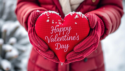 Poster - Close-up of a woman's hands holding a large, red heart adorned with frost or snow, against a blurred background of out-of-focus winter scenery.  The heart displays the words Happy Valentine's Day.