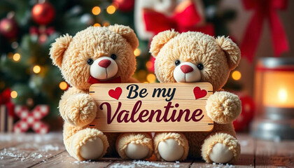 Poster - Two light brown teddy bears hold a wooden sign that reads Be my Valentine in a stylized script font, Valentine's Day, Happy Valentine's Day, and Happy Valentine's Day Images.