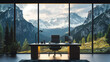 © Thiago - Serene mountain vista as immersive virtual meeting background photorealistic detail blends with subtle digital enhancements zeninspired home office setup in foreground. Serenity. Illustration