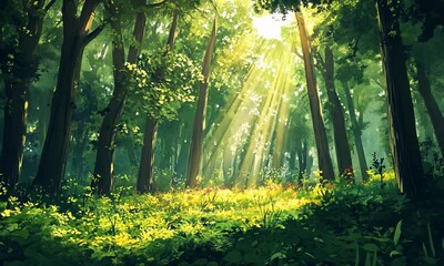 Wall Mural - lush forest with sunlight filtering through trees.