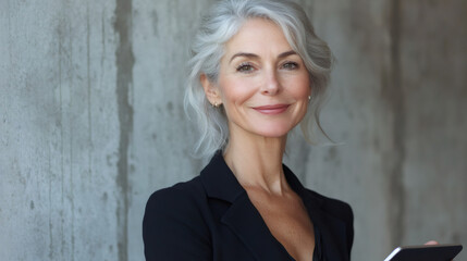 Canvas Print - Experienced businesswoman with gray hair and black jacket exudes confidence while using tablet, representing modern leadership