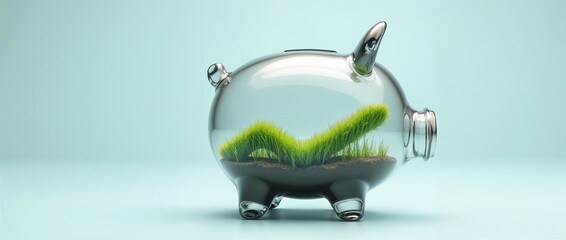 Wall Mural - A glass piggy bank containing a piece of green grass symbolizing sustainable eco-friendly investments and financial growth. Represents the importance of environmental responsibility in financial plan.