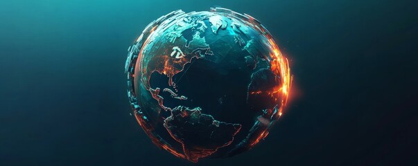 abstract lowpoly globe with glowing edges, dark blue backdrop, global business concept