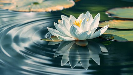 Poster - White water lily floating on pond with rippled reflections, tranquil nature scene. Zen and serenity concept