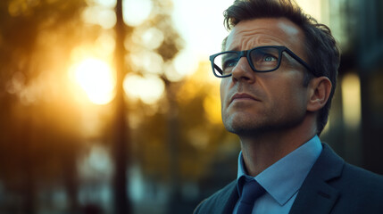 Poster - Businessman in glasses gazing at the sunset in a hazy cityscape: a portrait