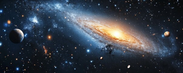 in a dark starry sky, glowing galaxies and flying rocks and planets create a mesmerizing blue space 