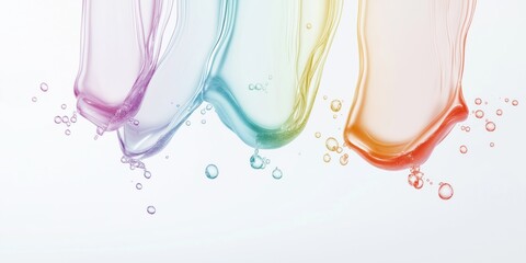 Poster - Colorful transparent liquid drops in slow motion on white background. Rainbow gradient effect. Abstract design. Multiple layers create dynamic effect. Smooth flow of liquid. Beautiful visual