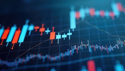Aufkleber - Digital financial chart displays dynamic stock market trends. Candlestick graphs show investments growth, fluctuation. Close-up view detailed data analysis. Modern tech visualizes financial markets