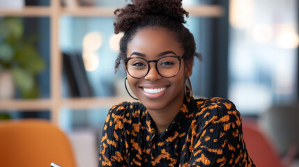 Poster - smiling african american businesswoman with glasses posing in a modern office setting