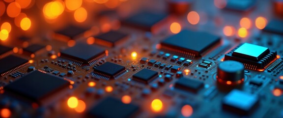 Aufkleber - Close-up view of circuit board with microchips. Modern tech components shine under lights. Tech equipment in factory. Industrial manufacturing. Modern electronics. High-tech components. Focused on