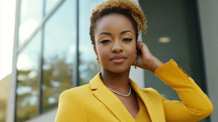 Canvas Print - Confident businesswoman in a vibrant yellow suit, stylishly adjusting her hair in front of a modern office building