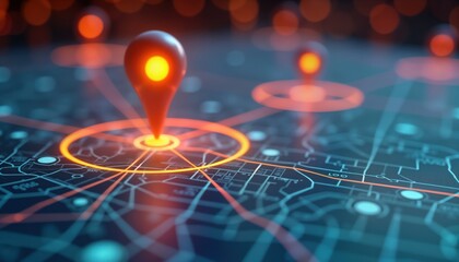 Poster - Digital map highlights AI-driven GPS tech in delivery services, future transport logistics. Interactive map shows multiple location pins with route planning, geo-location. Future city transport