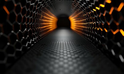 On a black background, an abstract tech tunnel made of hexagonal mesh is depicted. Three-dimensional illustration.