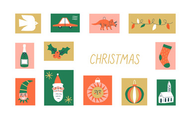  Merry Christmas vintage post card stamp illustration. Retro style winter holiday postage sticker collection, xmas celebration mail postmark, festive postal label.	
