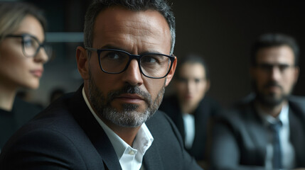 Canvas Print - Focused businessman listening attentively during a meeting, with his colleagues in the background