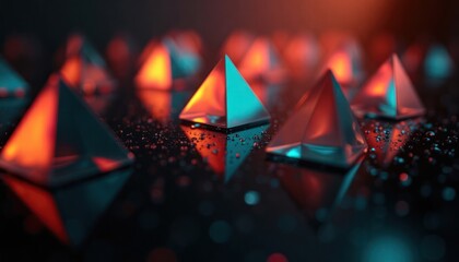Poster - Geometric shapes in form of prisms illuminated with vibrant colors. Abstract design. Reflective surfaces. Modern design. Light reflections on dark surface. Blurred effect creates ethereal atmosphere.