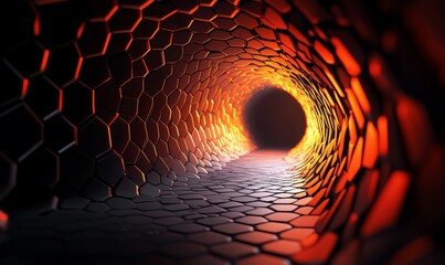 On a black background, an abstract tech tunnel made of hexagonal mesh is depicted. Three-dimensional illustration.