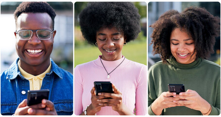 Poster - phone, happy and people in city typing for communication, networking or contact with mobile app. tec