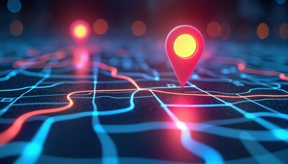Poster - Digital map shows AI tech in GPS, new delivery services. Future transport routes planned. Location pinpoint on city map highlights innovation in logistics. Technology guides new paths for travel.