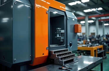 Poster - Precision machining workshop. Automated industrial machine. Metal parts processing. Manufacturing tools, equipment. Modern factory setting. Heavy machinery in production area. Accuracy, detail in