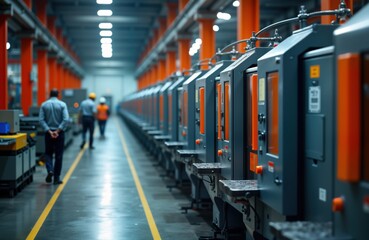 Poster - Metal machining facility with automated equipment. Workers walk through production line. Industrial machinery lined up in rows. Modern manufacturing process. Precise metalworking. Focus on factory