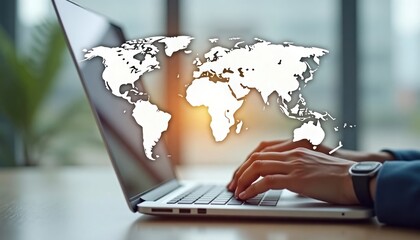 Poster - Hands type on laptop global map display. Global communication concept software international business. Person using tech device. Modern tech tool. Work from anywhere concept. Eide cross-culture