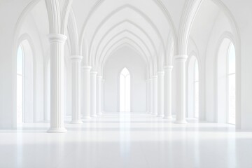 Poster - White interior design in modern architectural style. Empty hall with columns, large windows. Bright, clean space suitable for corporate luxurious settings. Futuristic, abstract tech feel. Spacious,