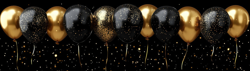 Golden & Black Balloons Shine with Glitter on Black Background