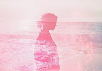 Wall Mural - A full-body double exposure of a woman standing on the beach, with pink and white colors