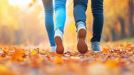 Wall Mural - A couple strolls through natures beauty, wrapped in autumn hues, sharing moments of joy and peace together.