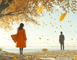 © DnQajik - A girl and a boy in orange coats stand on the beach. An image dominated by the color yellow.