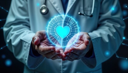 Aufkleber - Doctor holds digital heart icon. Tech-savvy physician shows digital health care icon in palms. Medical tech future innovation visualized. Global healthcare concept. Person using tech to improve