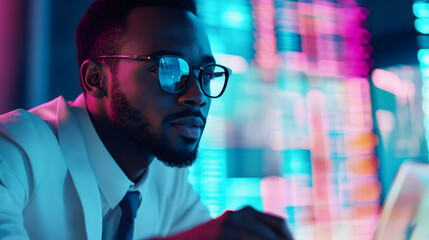 Aufkleber - Businessman studying advanced big data charts on a screen in a dimly lit room with neon lights