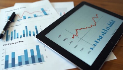 Poster - Business growth analysis displayed on tablet. Quarterly reports, financial graphs show comparative analysis of business growth. Digital financial data visible on tablet alongside printed quarterly