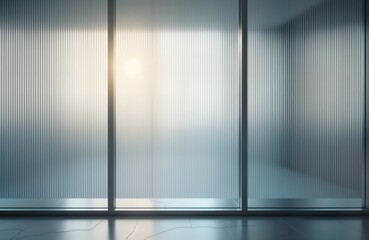 Poster - Modern interior design presentation featuring reeded glass. Blurred window view with art deco style. Minimalist backdrop. Gray ribbed background. Silver, chrome colors give sleek aesthetic. Suitable