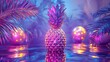 © Paul - Surreal image of a pineapple with mirrored reflections, floating in space with holographic palm trees and glowing orbs, steampunk style, metallic textures, futuristic lighting