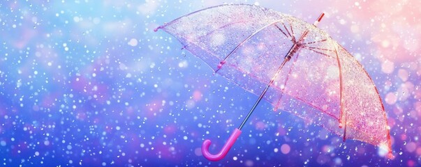 Wall Mural - Transparent umbrella under heavy rain against water drops splash background. Rainy weather concept.