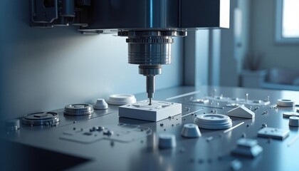 Poster - Advanced injection molding machine produces precise plastic components. High-tech machinery ensures precision in manufacturing. Modern equipment for producing plastic parts. Factory interior with