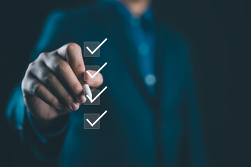 Poster - Businessman tick correct sign mark for document approve , project acceptance and quality assurance concept, Take an assessment, questionnaire, evaluation, online survey online exam.