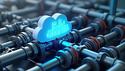 Poster - Futuristic illustration of Industry 4. 0 concept. Cloud computing system integrated into automated factory machinery. Networked devices control robotic systems, machinery in production process. Shows