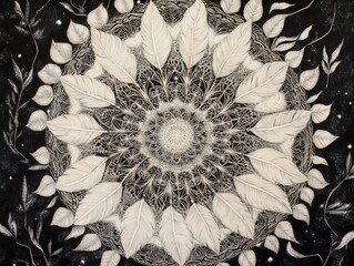 Canvas Print - Intricate black and white leaf mandala artwork.