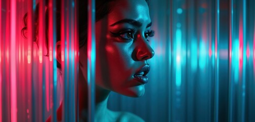 Aufkleber - Woman with vibrant neon red, pink light. Profile view of young female model hidden behind ribbed glass. Intriguing portrait with futuristic vibes. Modern abstract art. Glitched face. Stylish,