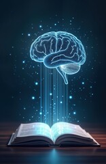 Poster - Futuristic illustration of digital brain connected to open book. Light beams stream from brain into book. Image represents concept of AI learning from information. Modern technology merges with human