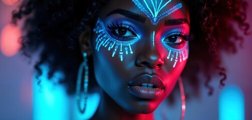 Aufkleber - Closeup portrait of woman with afro style hair. Face art in neon colors blue, purple. Woman appears futuristic, intelligent. Model bold makeup style, expressive expression. Image evokes afrofuturism
