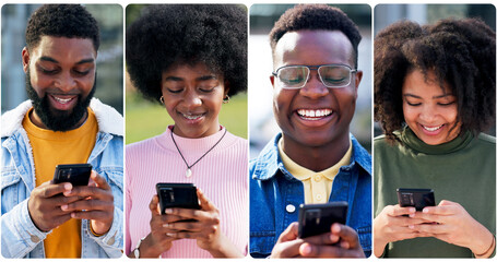Poster - collage, phone and communication with people in city for social media, networking post and smile. te