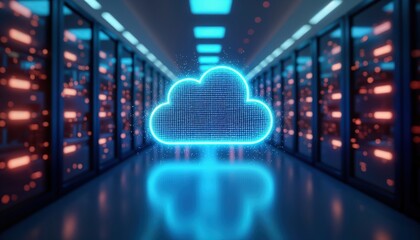 Aufkleber - Futuristic server room with neon lights. Cloud data storage system shown. Modern tech infrastructure. Large racks with servers. Digital cloud symbol glowing with blue light. Complex network