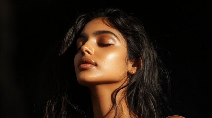 Aufkleber - A serene woman captivates attention with her delicate features, illuminated by soft light, evoking feelings of elegance and tranquility in a mysterious atmosphere